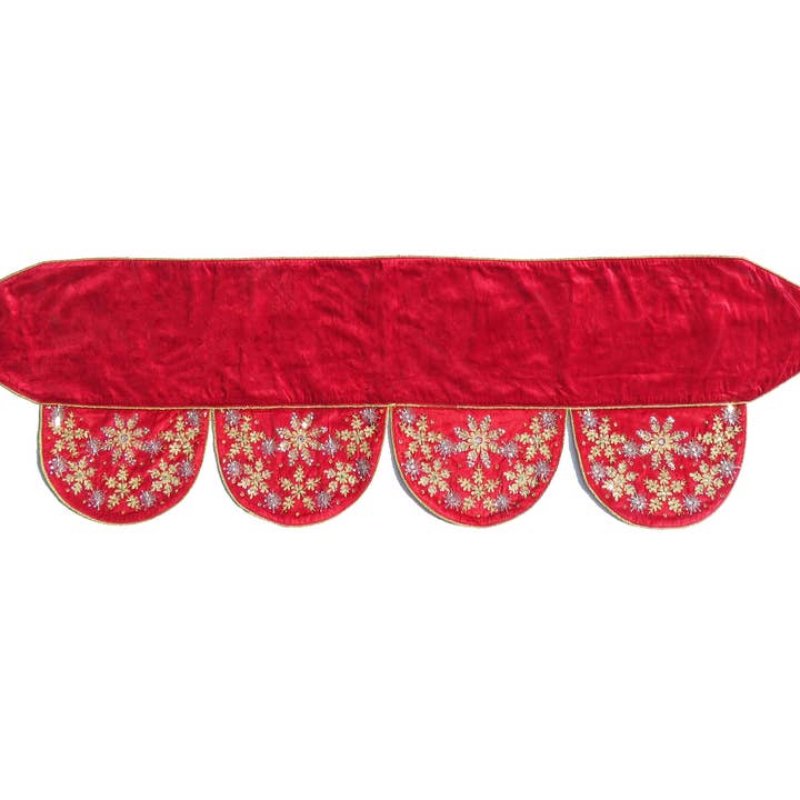 Arcadia Home – wholesale Mantle scarf – Red Velvet Christmas Mantle Scarf, Hand Beading, Embroidery