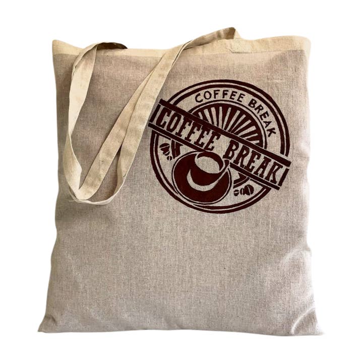 Beige katoenen totebag met een handgeschilderde "koffiepauze" stempel voor wholesale door Elles et No.