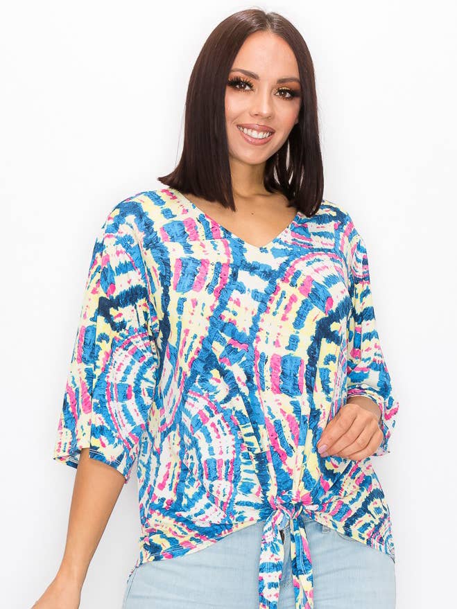Multi Colored ST21016-3984. - WOMEN TIE DYE 3/4 SLEEVE T-SHIRT w FRONT TIE for wholesale on Faire