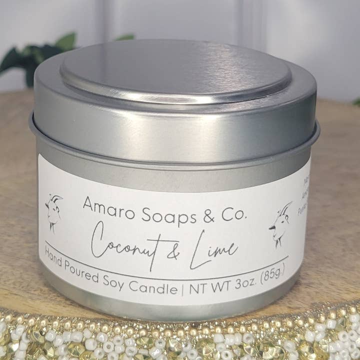 Lata para velas de soja con coco y lima para venta al por mayor de Amaro Soaps & Co.