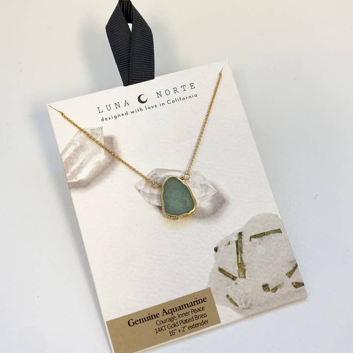 Luna Norte - Wholesale Pendant/Charm Necklace - Earth, Wind and Fire Genuine Stone Necklace Gold - Aquamarine