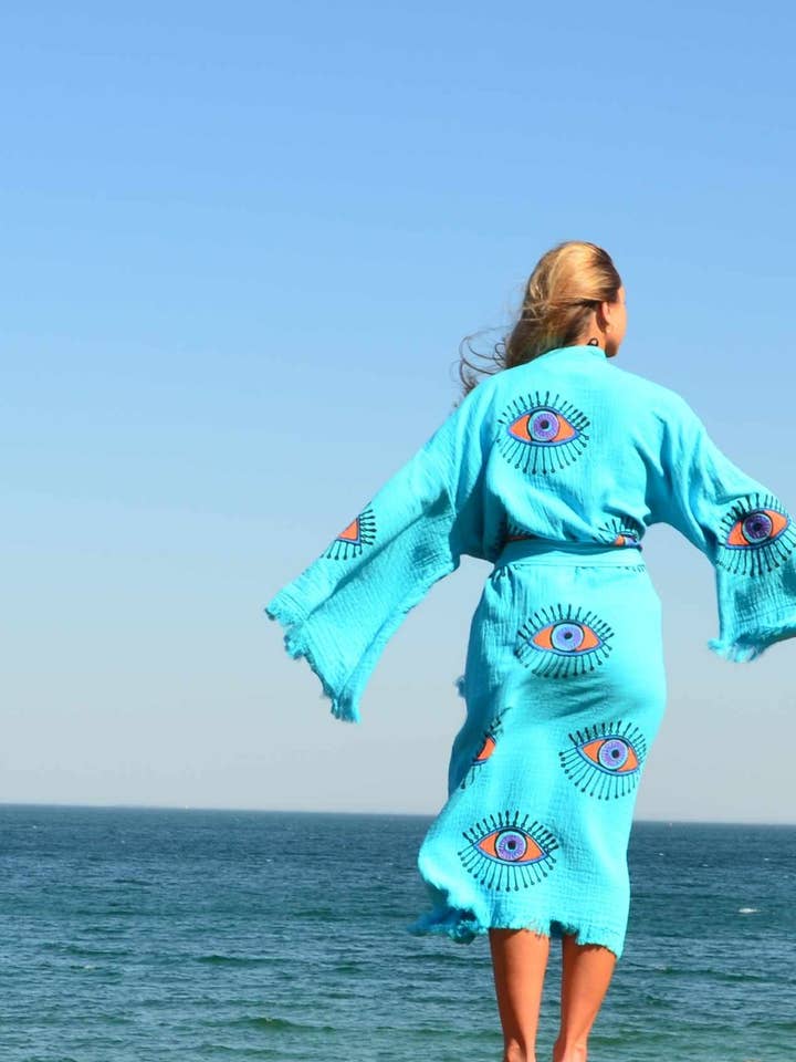 Patara Life - Wholesale Kaftan – Women's - Evil Eye Kaftan Robe - Blue3