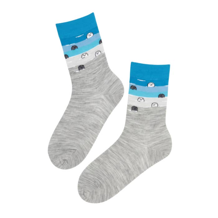 Gray HEYYOU merino wool socks with seals for wholesale on Faire