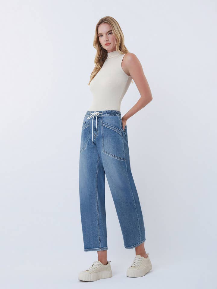 UPSTANDING HIGH RISE ELASTIC WAISTBAND WIDE BARREL JEANS V3648 for wholesale on Faire9