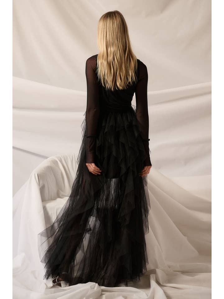 Black Ruffled Mesh Long-Sleeve Mock-Neck Maxi Dress for wholesale on Faire