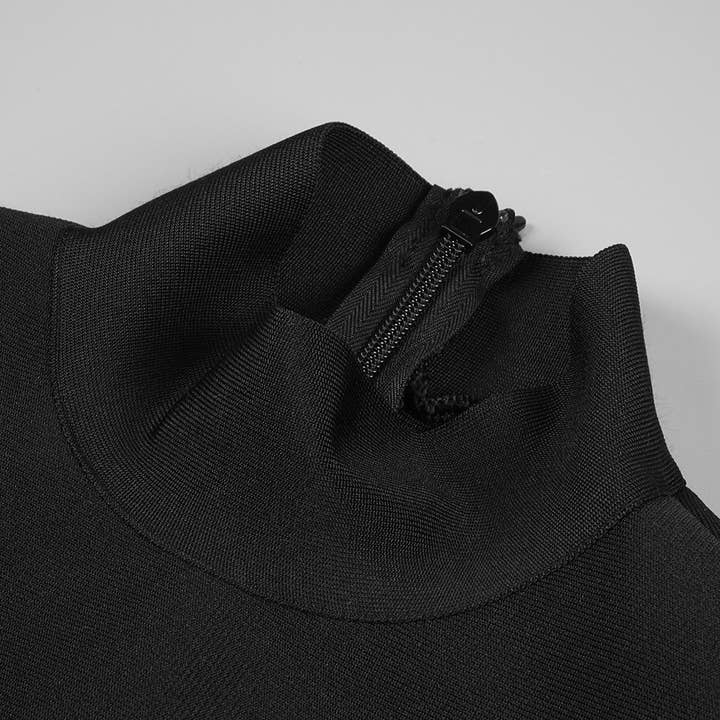 Black DR048 Studded Long Sleeve High Neck Bandage Knit Dress for wholesale on Faire1