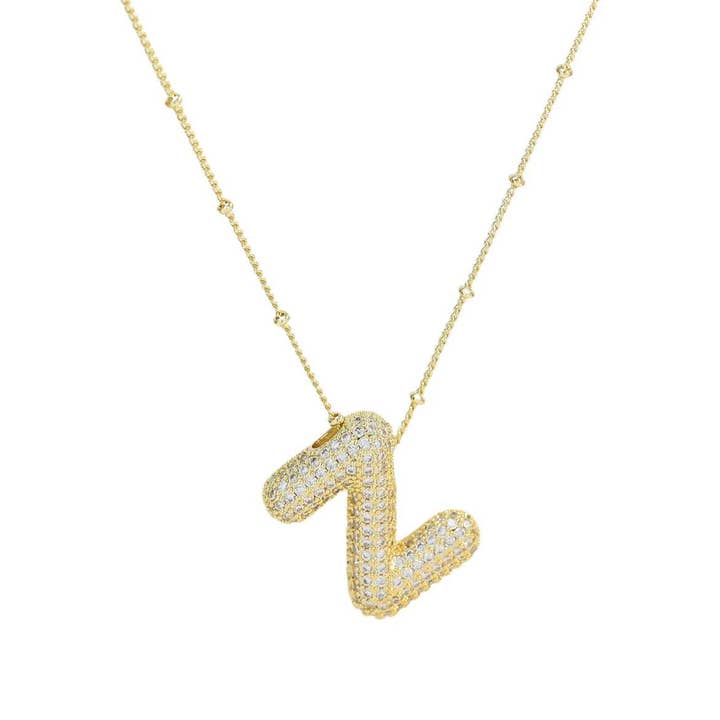 The Classy Cloth WS - Wholesale Pendant/Charm Necklace - Jeweled Cz Bubble Letter Initial Necklace - Gold RTS24