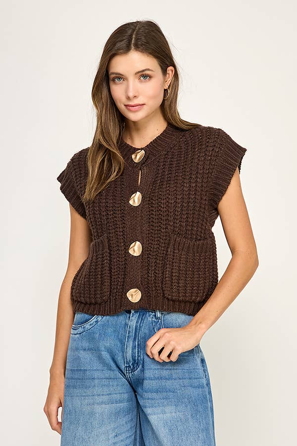 Miss Love - Wholesale Sweater Vest - Women's - CHUNKY KNIT BUTTON-FRONT VEST TOP1