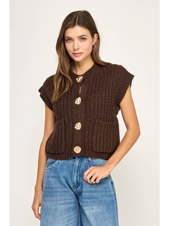 Miss Love - Wholesale Sweater Vest - Women's - CHUNKY KNIT BUTTON-FRONT VEST TOP1