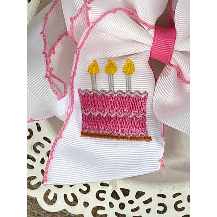 The Hair Bow Company - Wholesale Hair Bow - Kids - Birthday Cake Embroidered Moonstitch Hair Bow