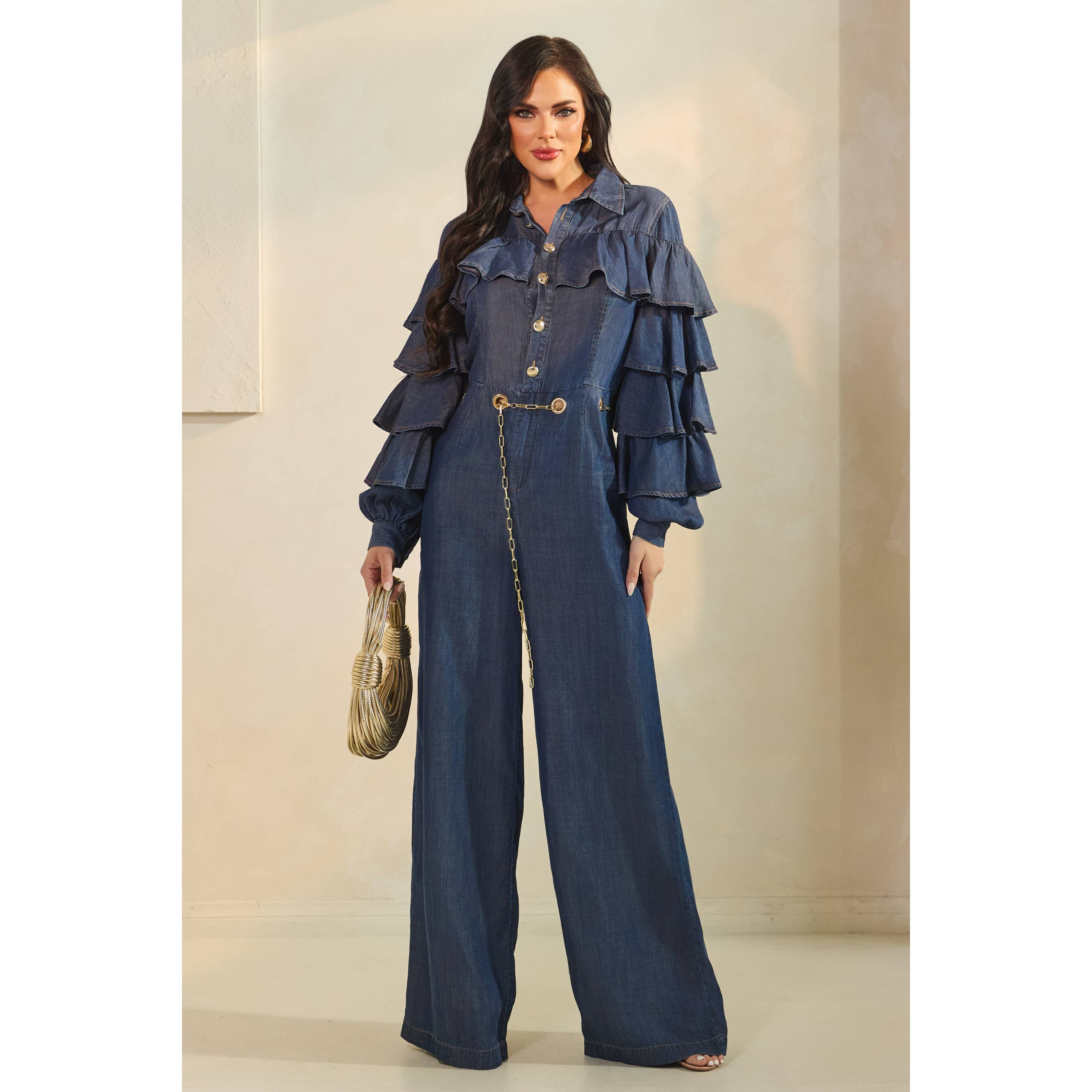 MEZCLILLA MONO CON MANGAS DE VOLANTES EN CAPAS Y DETALLE DE CINTURÓN CON OJALES de venta al por mayor en Faire1