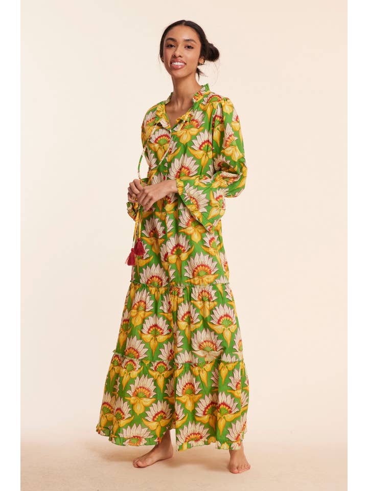 ModaPosa - Wholesale Dress - Women's - Alcee Green White Floral Lilly Fall Resort Maxi Dress
