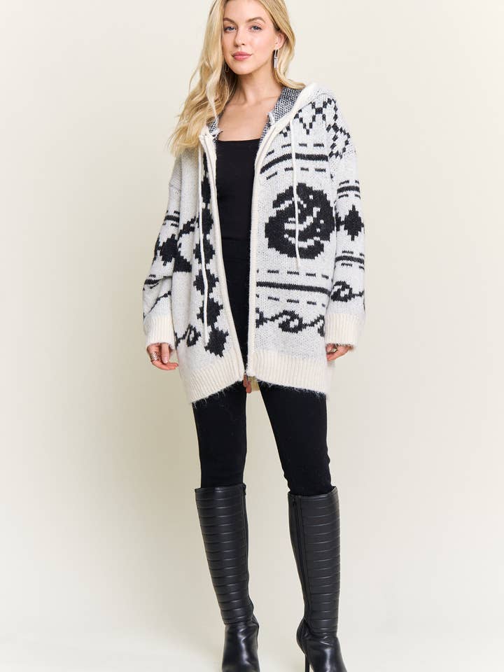 CESW4139-ZIP-UP AZTEC HOODED KNIT CARDIGAN for wholesale by ADORA LA