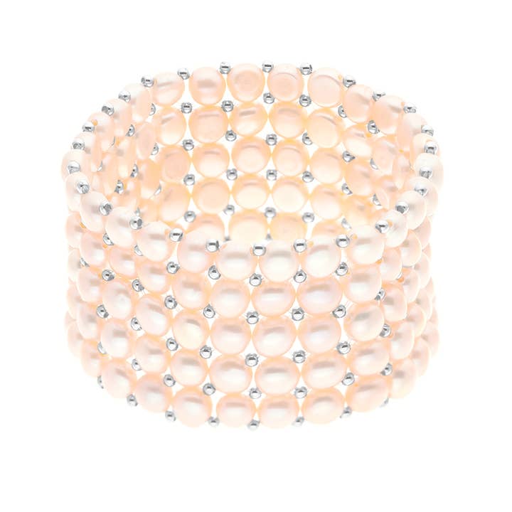 Bracciale a 5 file realizzato con autentiche perle d'acqua dolce per la vendita all'ingrosso da parte di Mitzuko