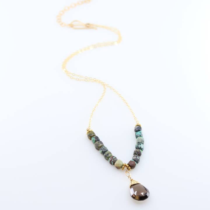 Green Turquoise and Smoky Quartz Teardrop Necklace for wholesale by J. Mills Studio