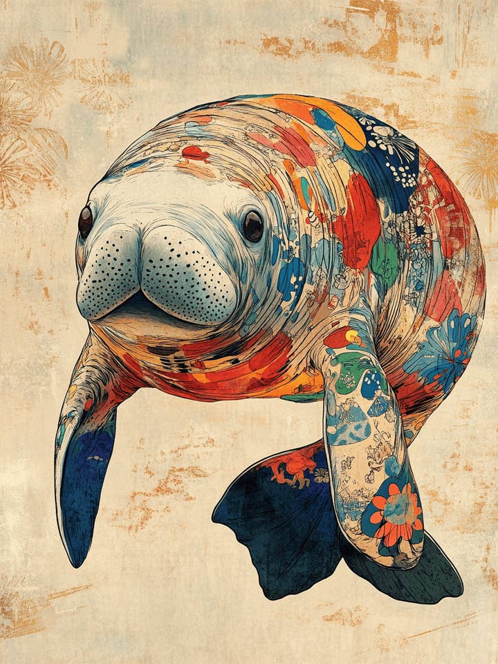 Impressionist Manatee - Wall Art Print - Ocean Seaside Beachcore - 8"x10" Artwork - 11"x14" Matte for wholesale by Mowbi