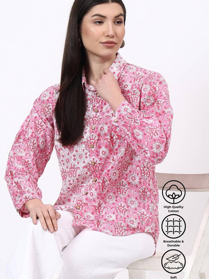 Hi Handmade - Wholesale Buttoned-down shirt – Women's - Panel Shirt - Pink4