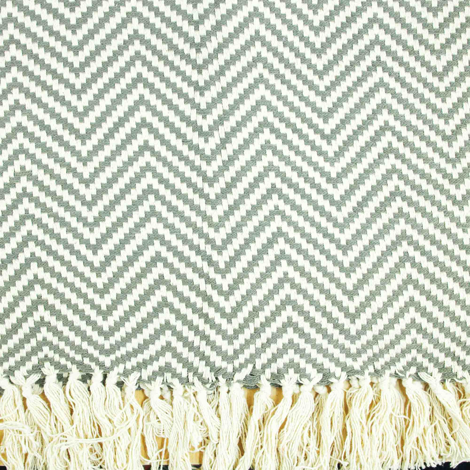 Kantha Decor - Wholesale Throw Blanket - Cotton Herringbone Throw With Fring-Grey White Zig Zag Lines0
