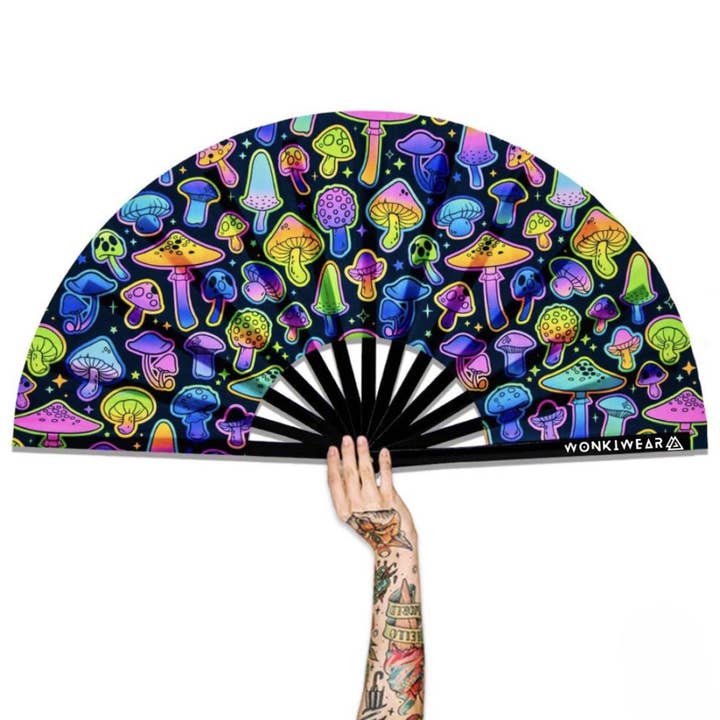 XL Festival Fan - UV Reactive, Rainbow Shrooms for wholesale by Wonkiwear Ltd