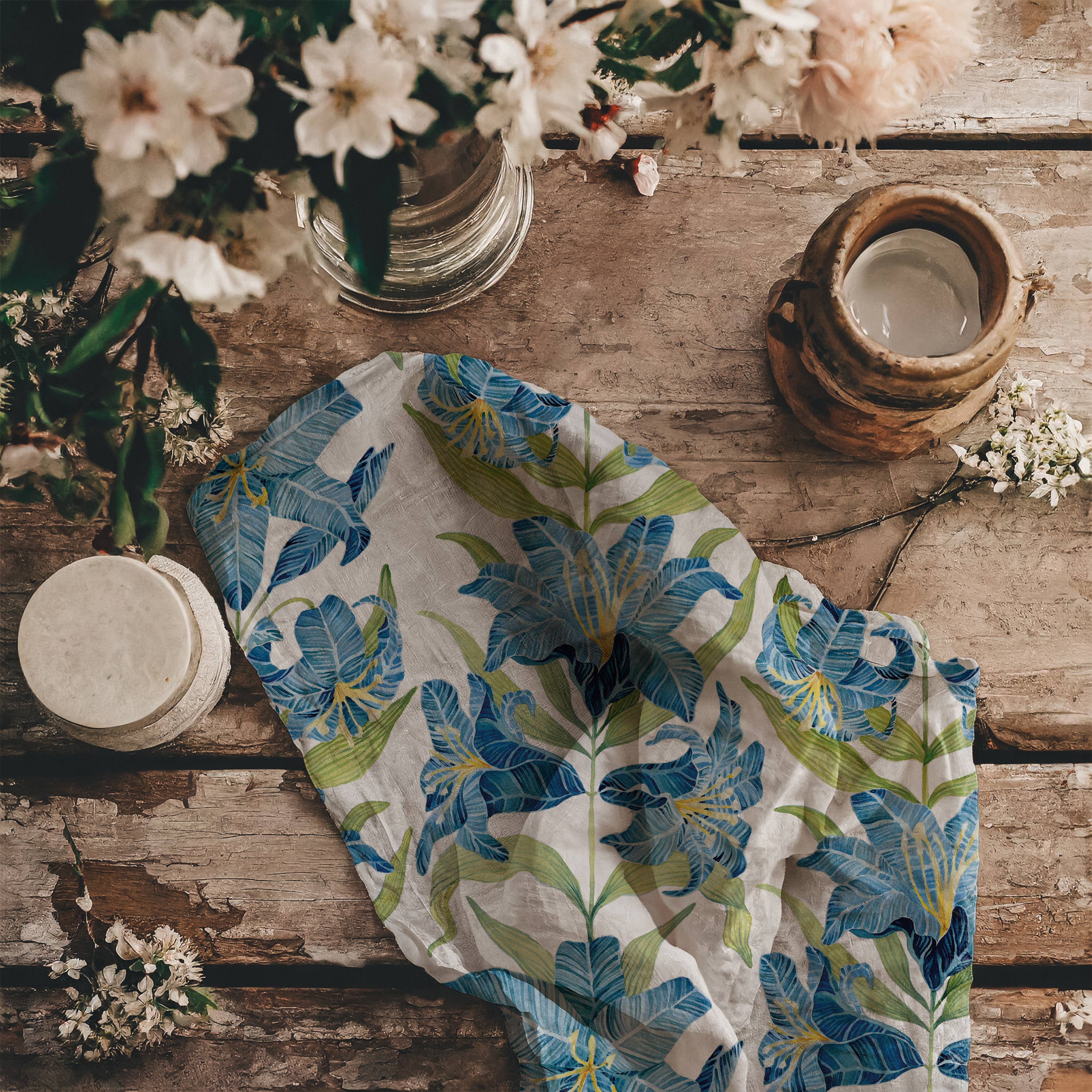 Sarah Rose - Wholesale Tea Towel - Blue Lilies Organic Linen Tea Towel1