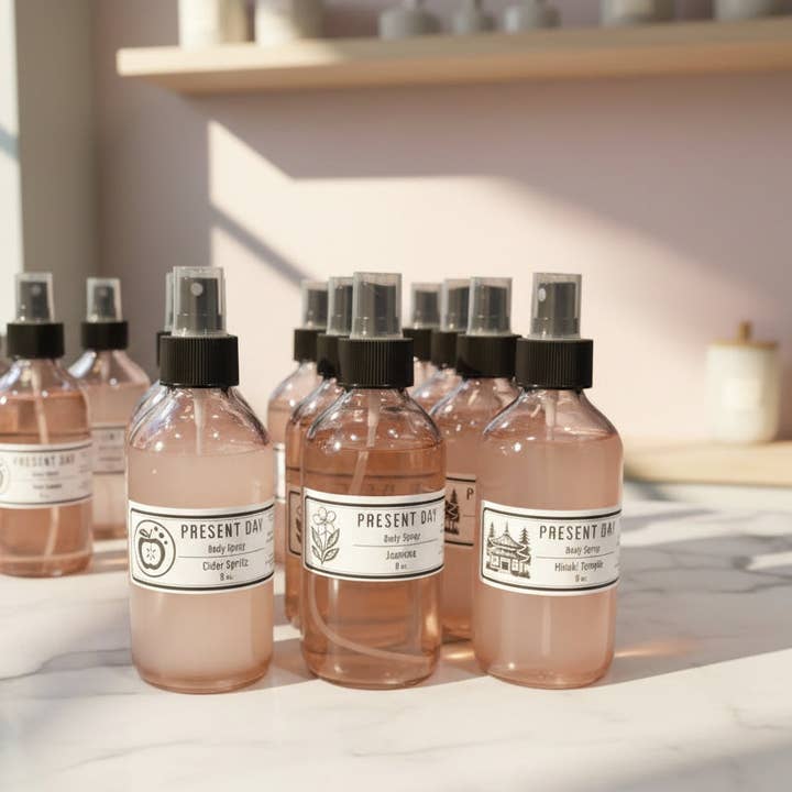 Hinoki Temple Luxe Kropsspray, 4 oz. glasflaske for engroshandel hos Present Day Goods