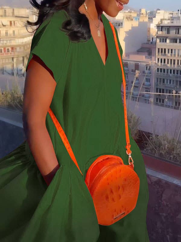 Chicto - Wholesale Dress - Women's - Loose Short Sleeves Pleated Pockets Solid Color Split-Joint V-Neck Maxi Dresses4