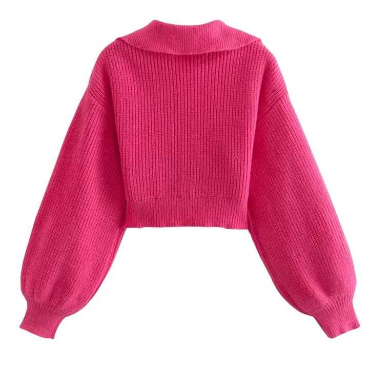 cutandcropped - Wholesale Knit Sweater - Women's - Hot Pink Crop Collared Sweater