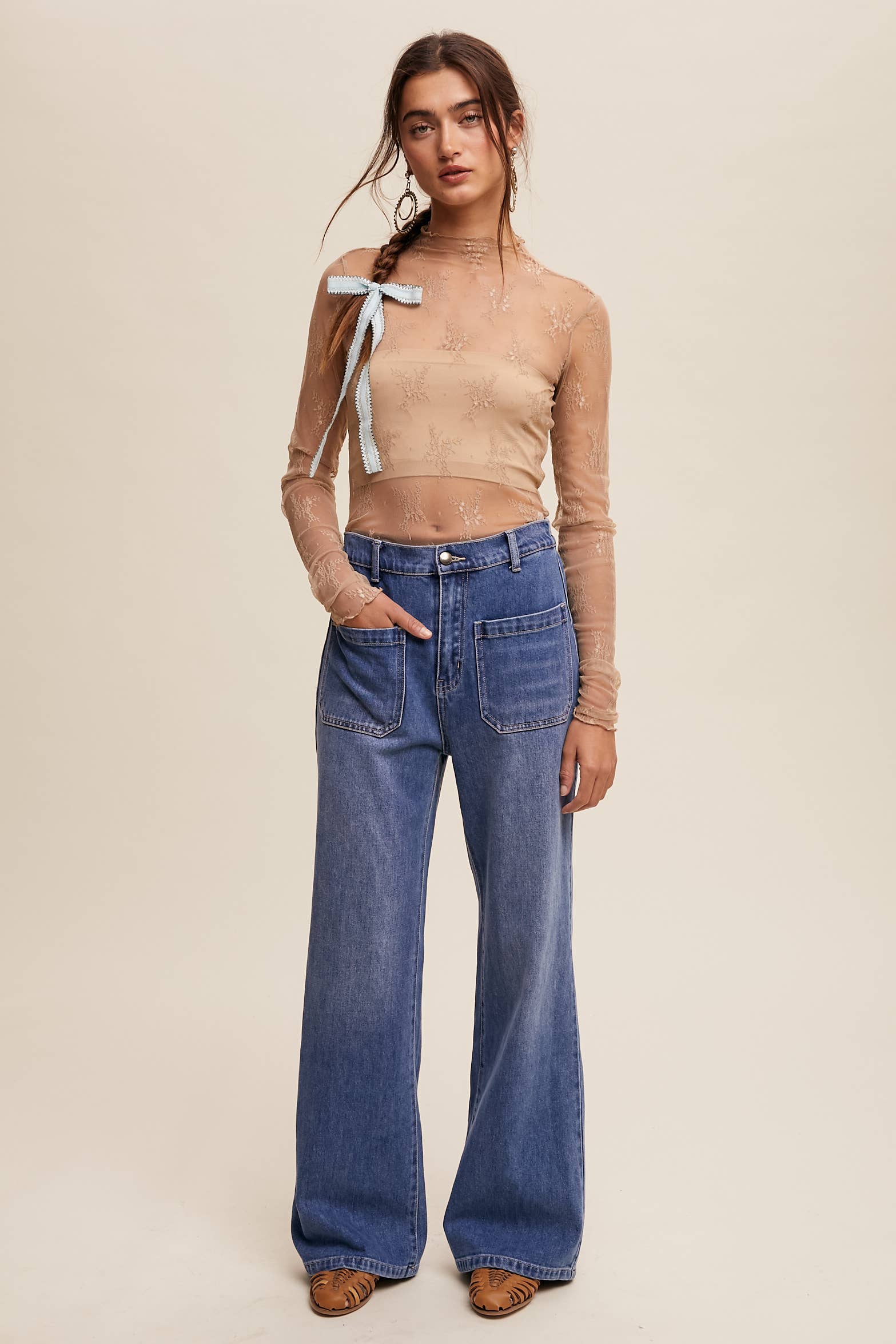 Listicle - Wholesale Blouse - Women's - Sheer Lace Long-Sleeve Top101