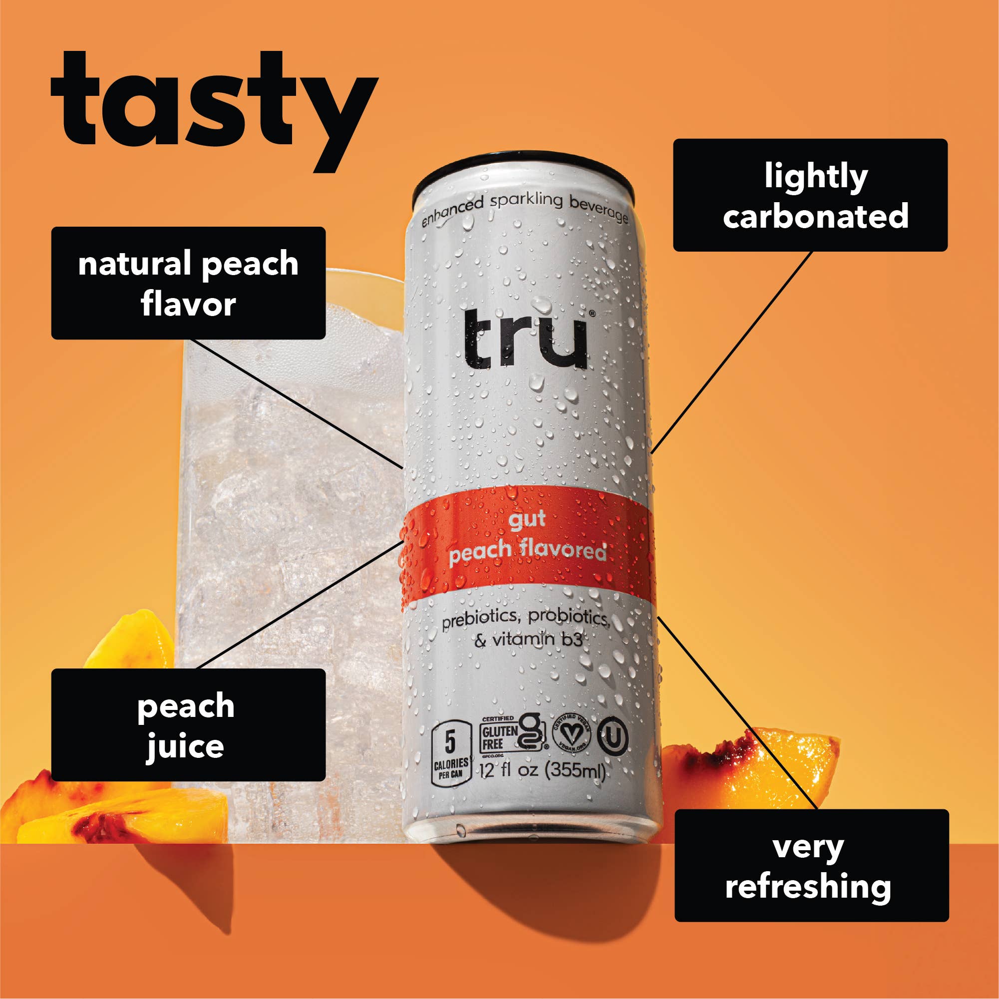 Tru - Wholesale Sparkling Water - Tru Gut Sparkling Drink, Peach (Pack of 12)2