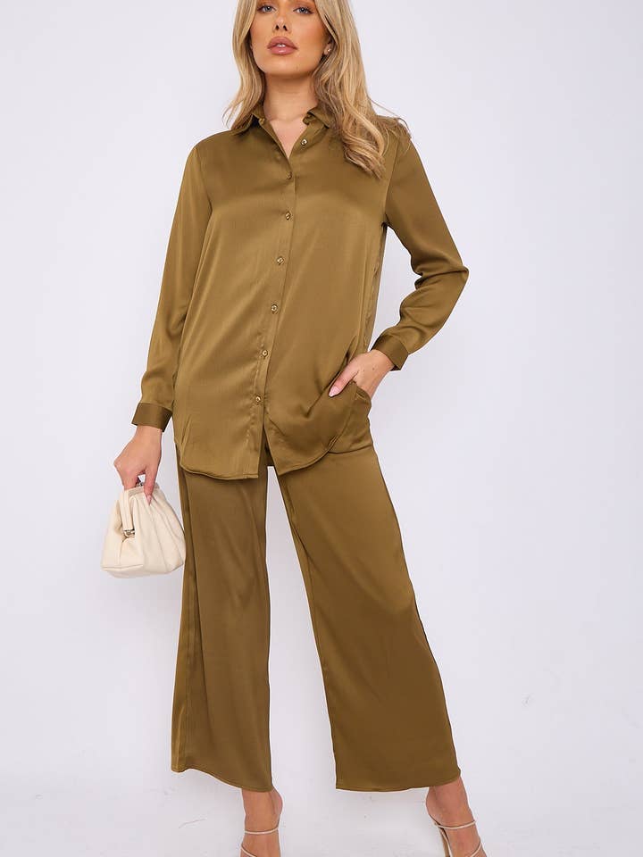 Olive Crepe Satin Co-ord Shirt and Trousers Set for wholesale by Love Sunshine Wholesale