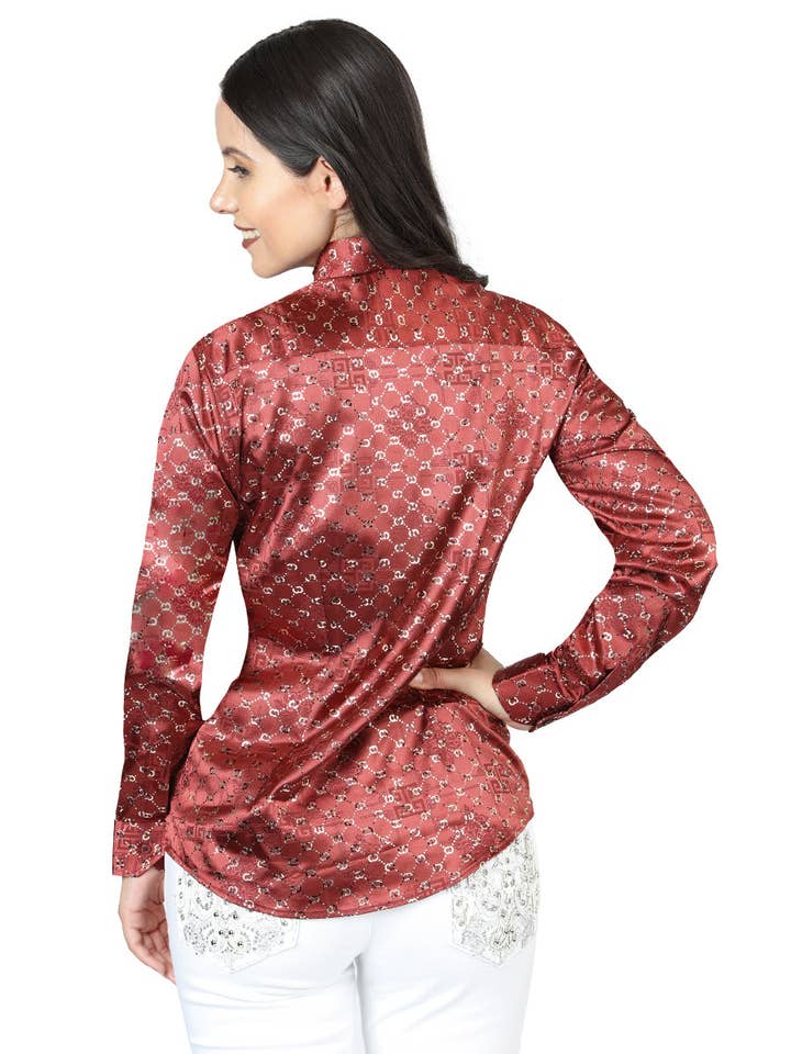 El General Western Wear - Wholesale Button Down Shirt - Women's - El General Burgundy/Gold Casual Long-Sleeve Shirt 445551