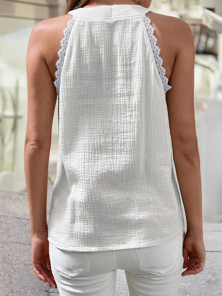 White Cotton Textured Lace Trim Sleeveless Top for wholesale on Faire