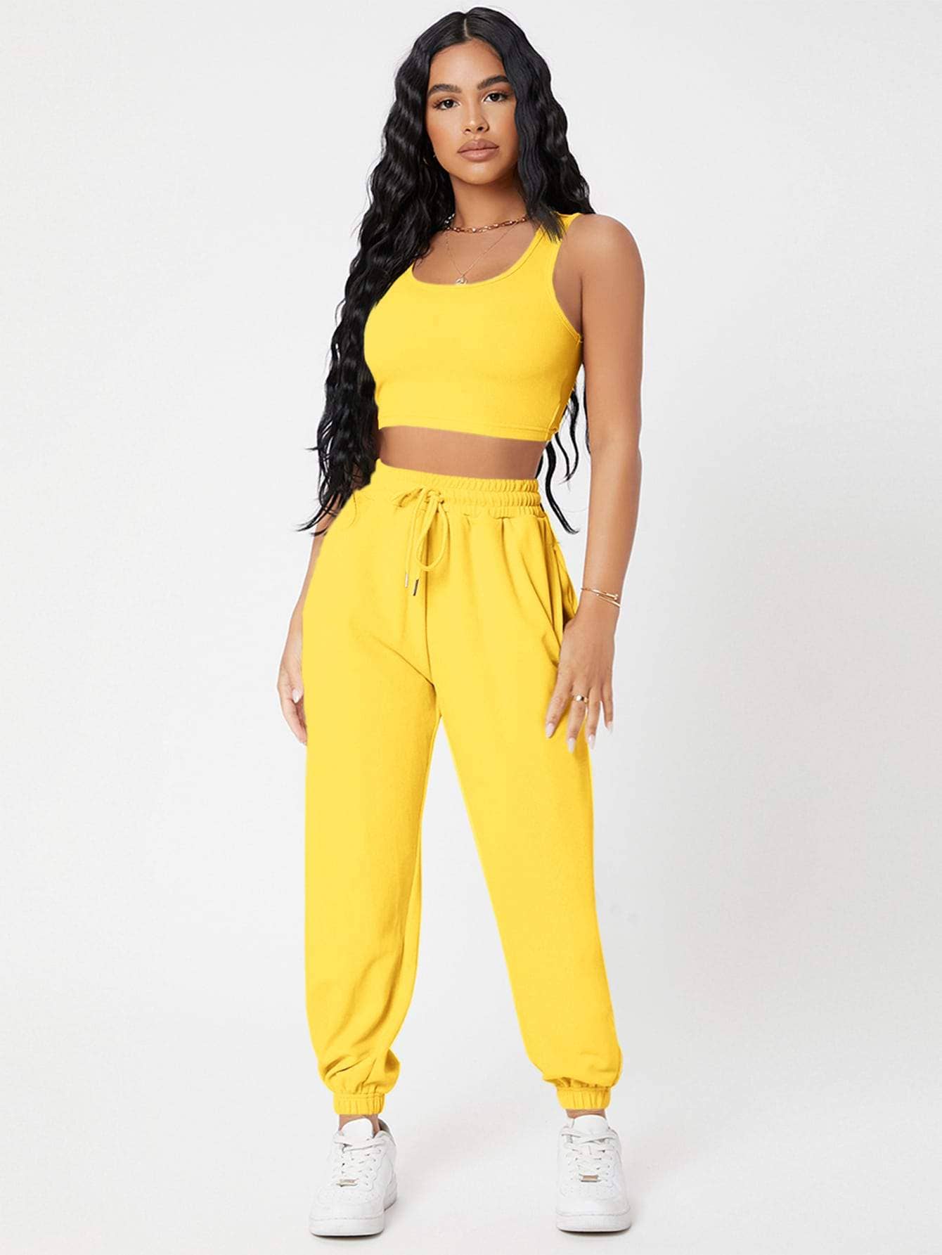 Fashion Combination - Wholesale Lounge set – Women's - petite solid crop tank top and joggers set4