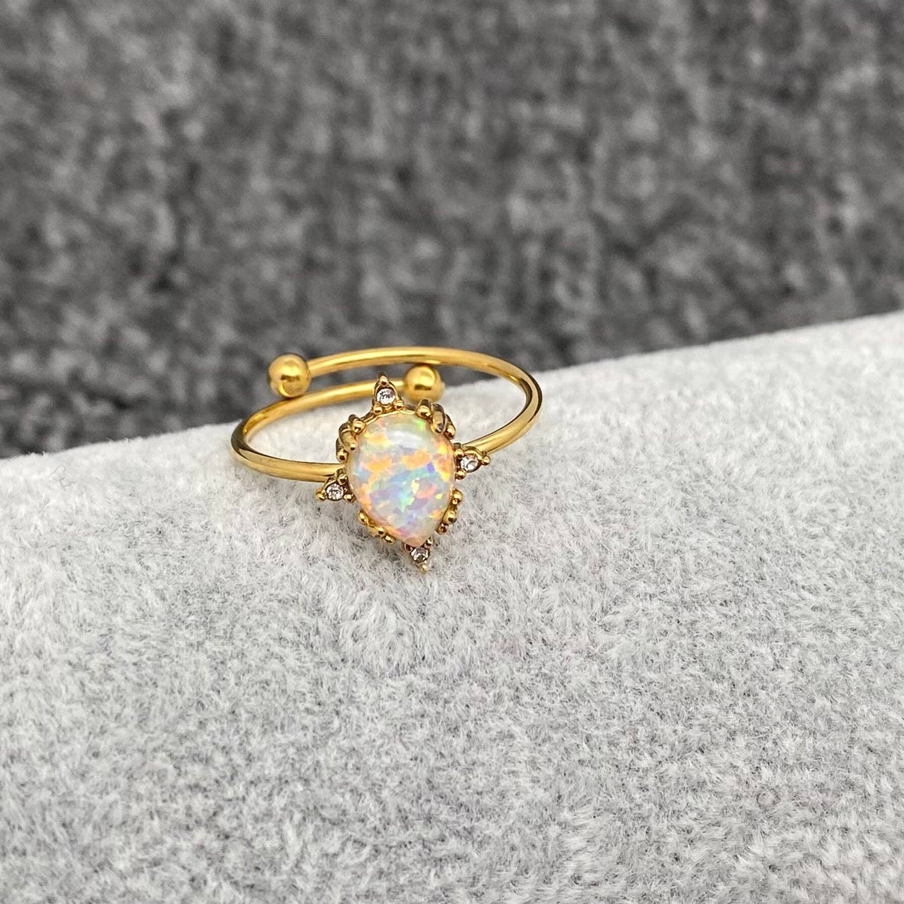 Mio Queena - Wholesale Single Stone/Solitaire Ring - Lucky Opal 18K Gold Plated SS Adjustable Ring - FGS/CS8