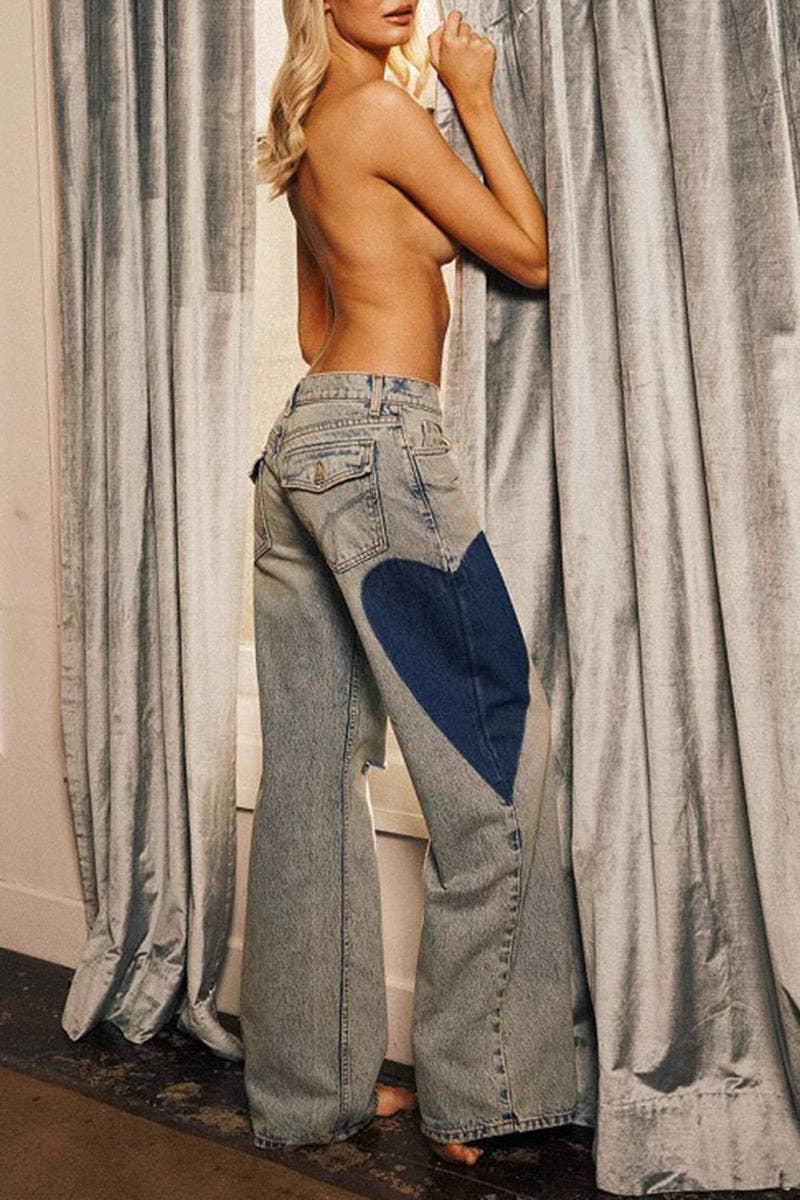 BLEU Pantalon en jean décontracté à jambes larges en vente sur Faire0