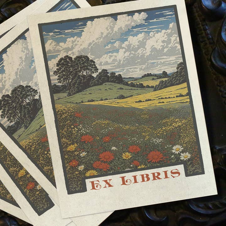 Prado de Flores Silvestres, Pratos Ex-Libris em Papel Gomado por atacado de Ebon et Noir LLC