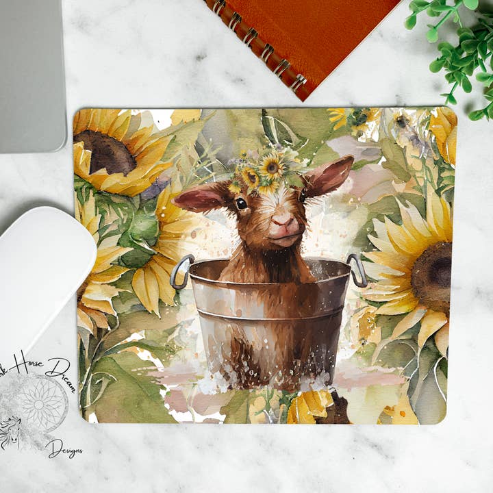 Baby Goat Bathtime, Watercolor Florals, Mouse Pad for wholesale by Dark Horse Dream Designs LLC