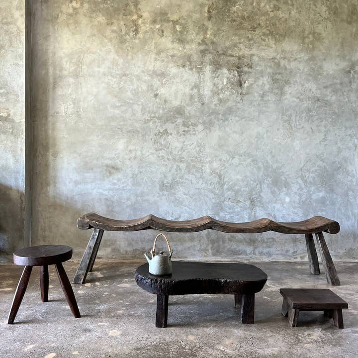 Office Objets - Wholesale Bench - Large antique teak bench with 4 wavy seats H:46 W:30 L:1909