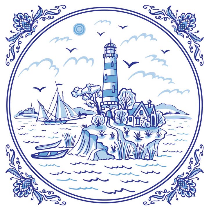 European Excellency - Wholesale Disposable Napkin - Blue Lighthouse Tile Cocktail Napkins - Nautical Napkins