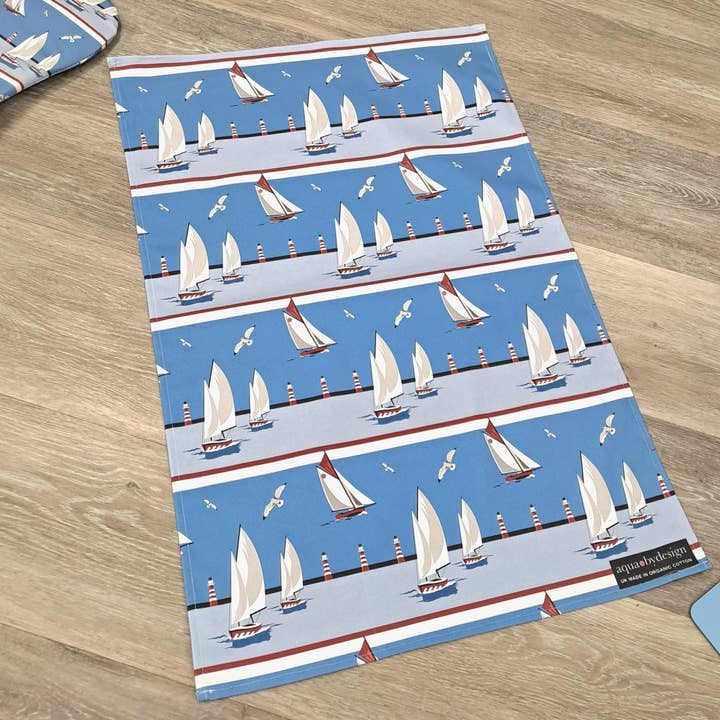 Tea Towel, Nautical Blue Boats Design for wholesale by Aqua by Design