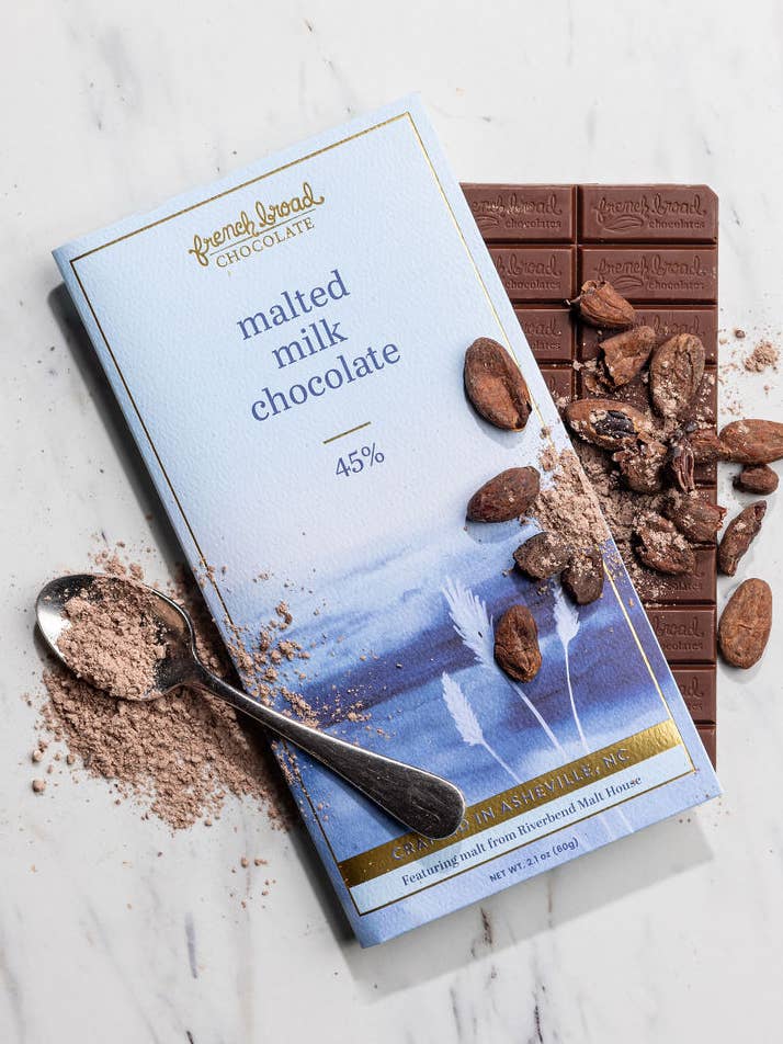 Malted Milk Chocolate Bar 45% - 60g for wholesale by French Broad Chocolate