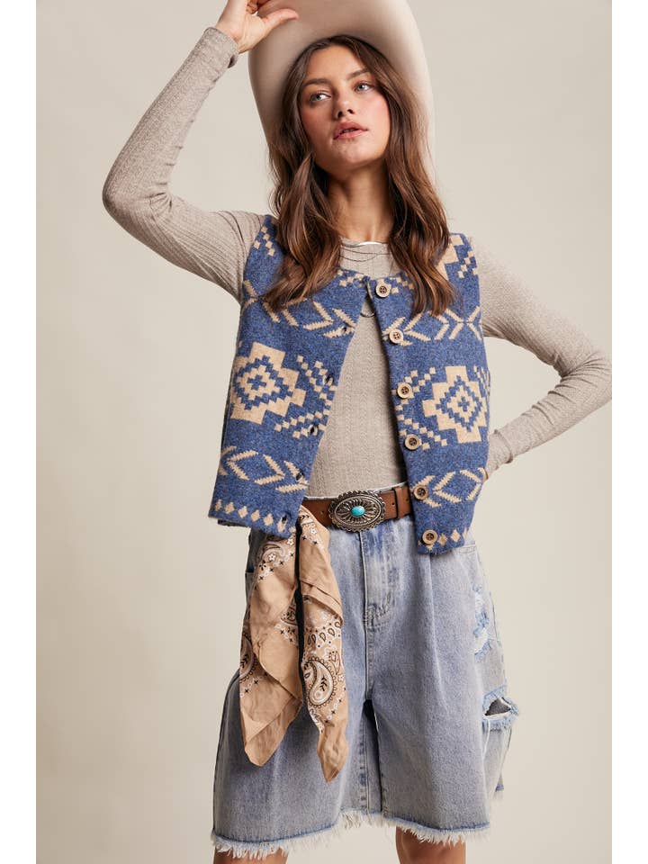 Listicle - Wholesale Sweater Vest - Women's - Southwestern Button-Up Vest LSW09772
