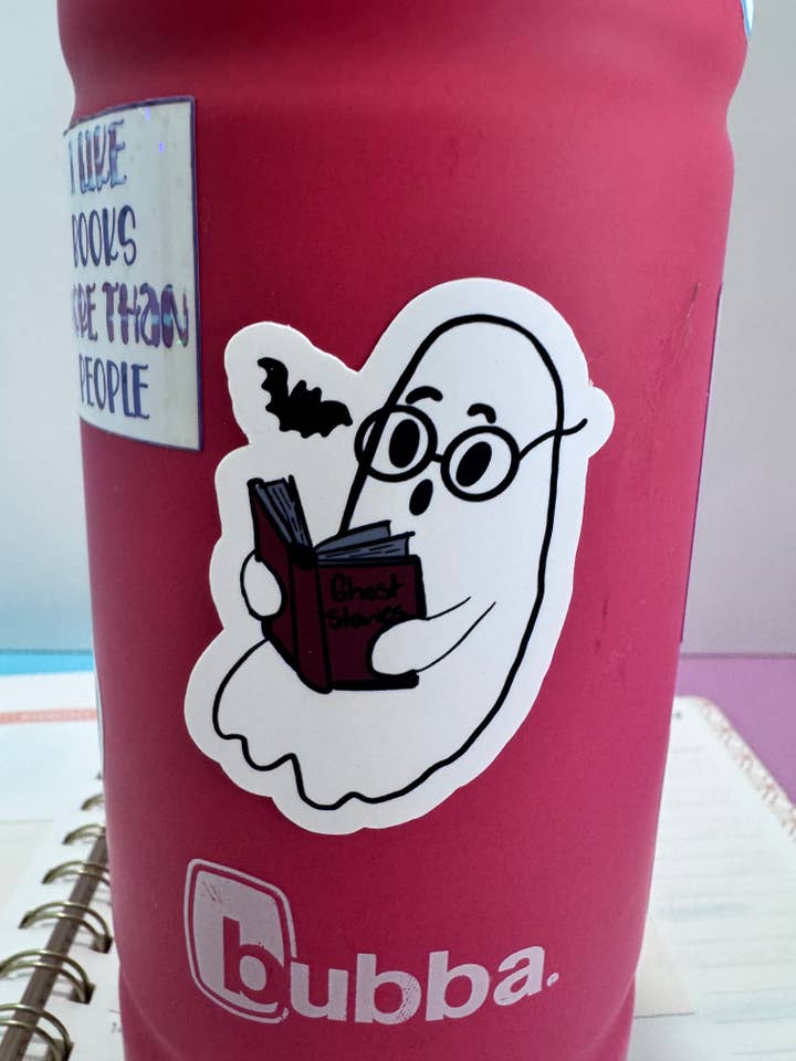 Ghost Reading to a Bat Vinyl Sticker – Cute Spooky Bookish for wholesale by Outfolded