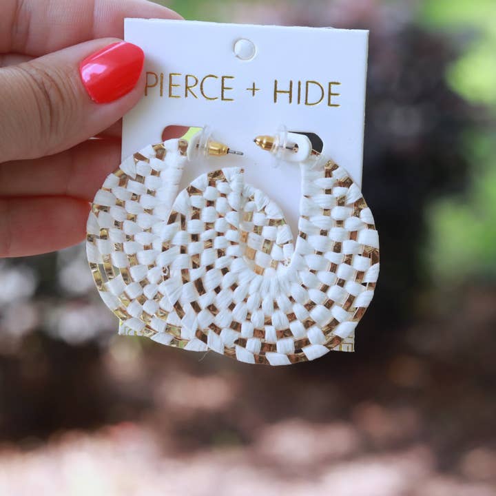White + Gold Raffia Wrapped Hoop Earrings | Raffia Hoop for wholesale by Pierce + Hide