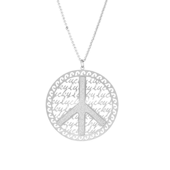 Luxe on Main LLC – wholesale Pendant/charm necklace – Silver Tone Circle Pend Necklace w/Crystallized Peace Sign