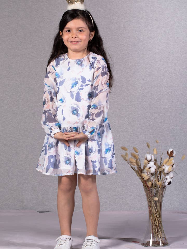 Pige Hvid Blomstret Mønstret Chiffon Kjole -Z-321927-F for engroshandel hos ZEYLAND