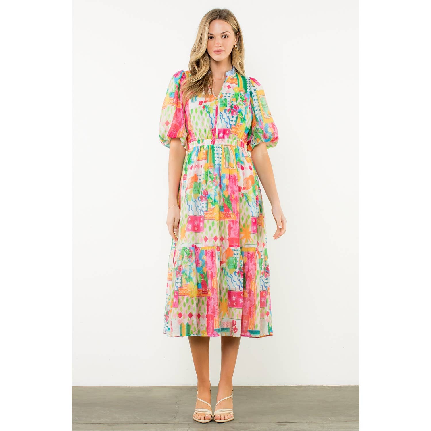 PINK Printed Ruffle Collar Puff Sleeve Dress for wholesale on Faire0