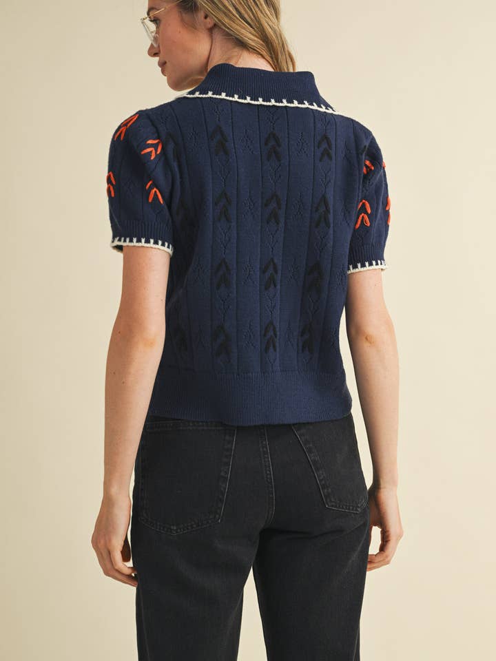&MERCI - Wholesale Knit Sweater - Women's - HAND EMBROIDERED SHORT SLV BUTTON DOWN SWEATER MSW1095334