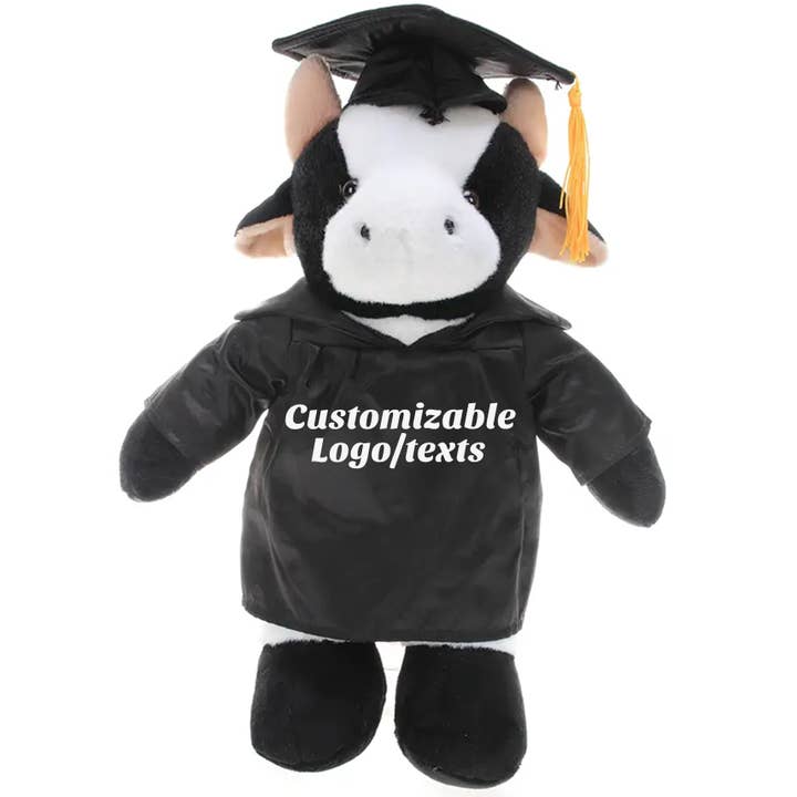 11″ Personalized Graduation Cow Plush in Custom Cap & Gown for wholesale by Plushland