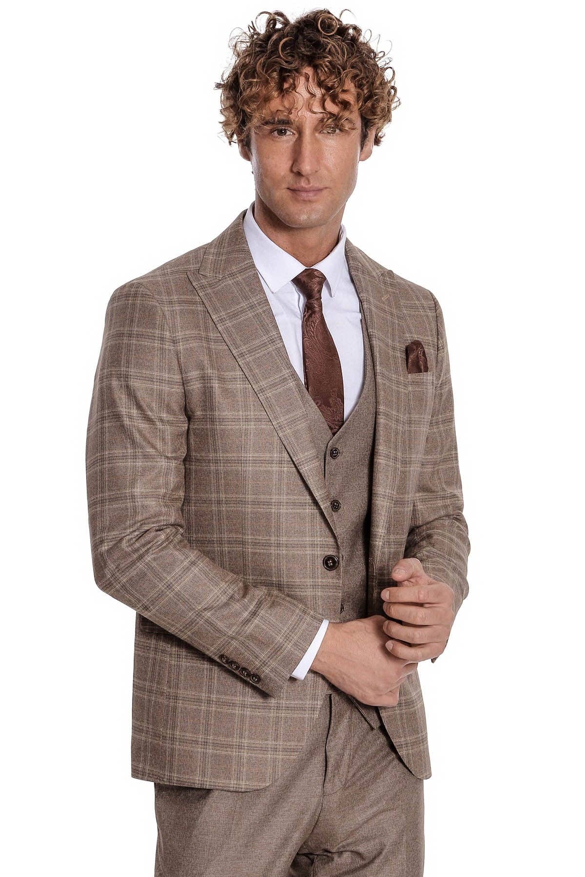 Checked Slim Fit Light Brown Men Suit - Peak Lapel for wholesale on Faire4